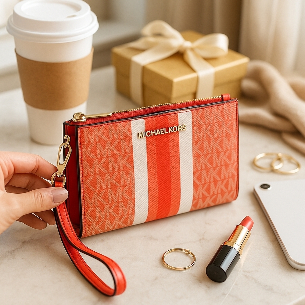Michael Kors Jet Set Double Zip Wristlet Wallet Coral Red White Stripe MK Logo